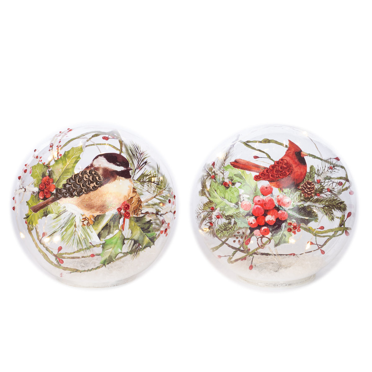 Set 2 globuri decorative din sticlă cu pasăre, cu LED, transparent/roșu/verde, 15 cm