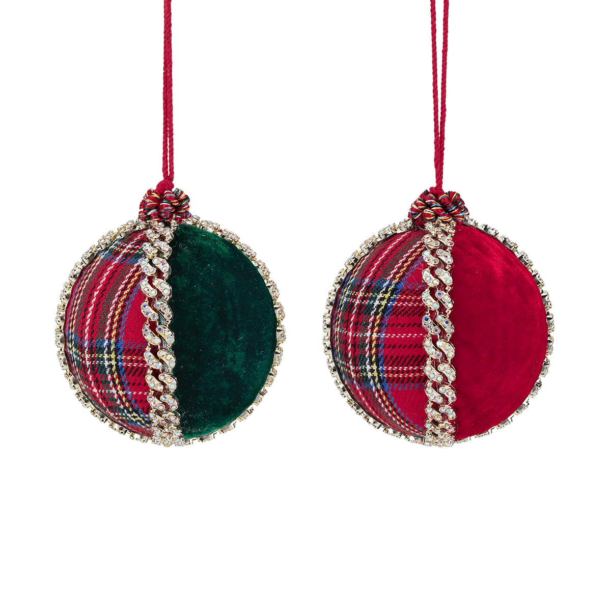 Set 2 globuri din catifea cu carouri tartan și bordură cu pietre, roșu/verde, 10 cm