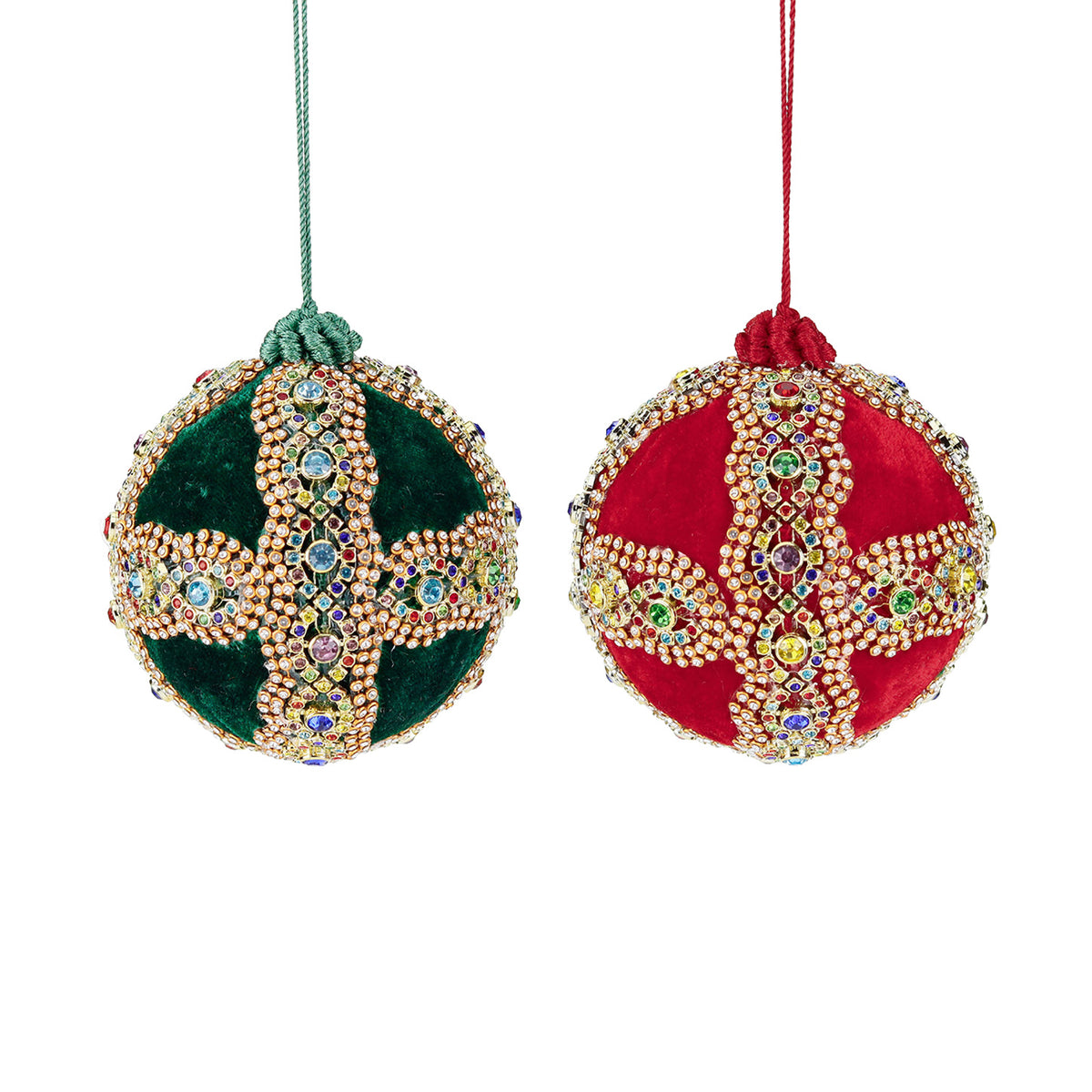 Set 2 globuri din catifea cu cruce din pietre, roșu/verde/multicolor, 10 cm
