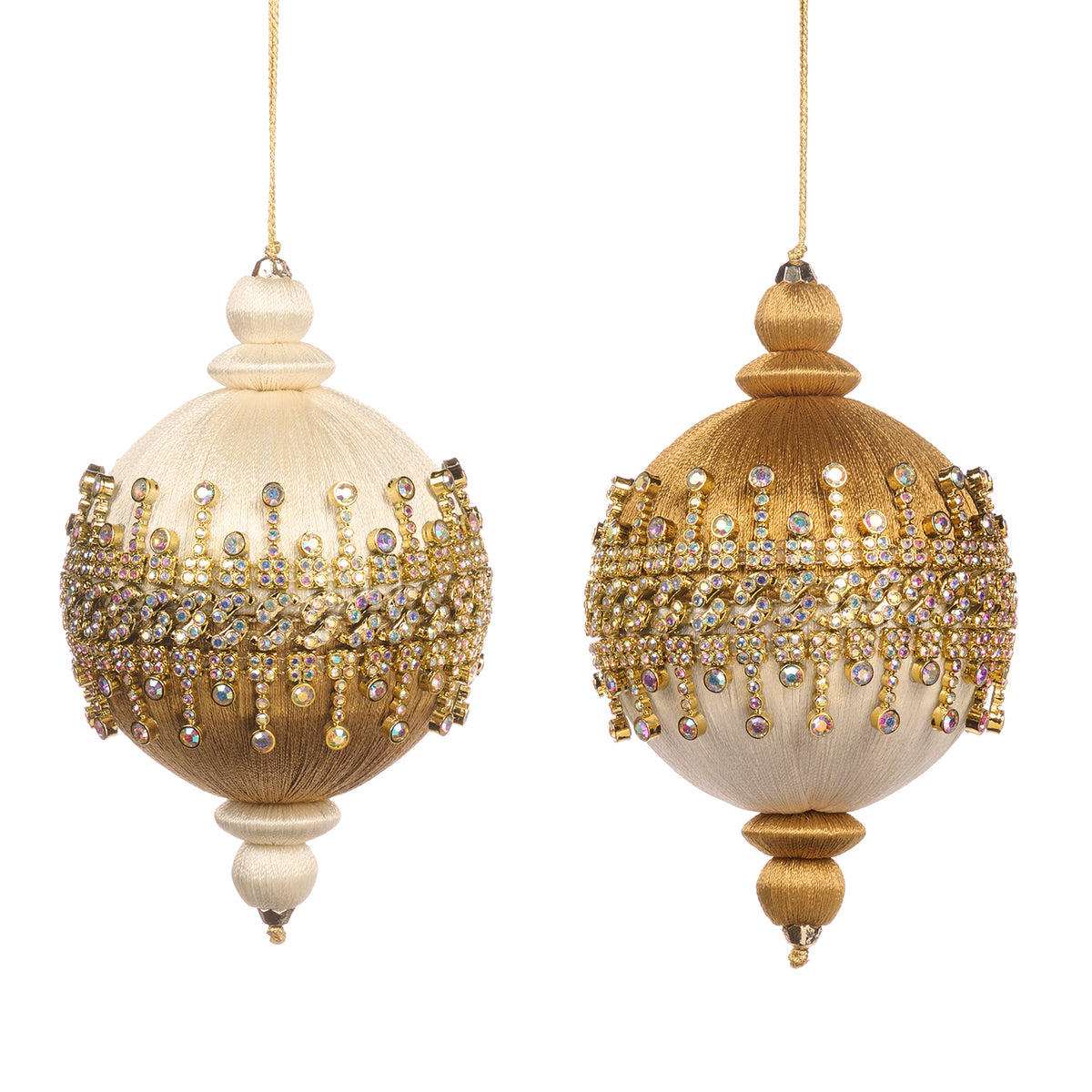 Set 2 globuri din fir cu bordură de pietre, auriu/crem, 10 cm