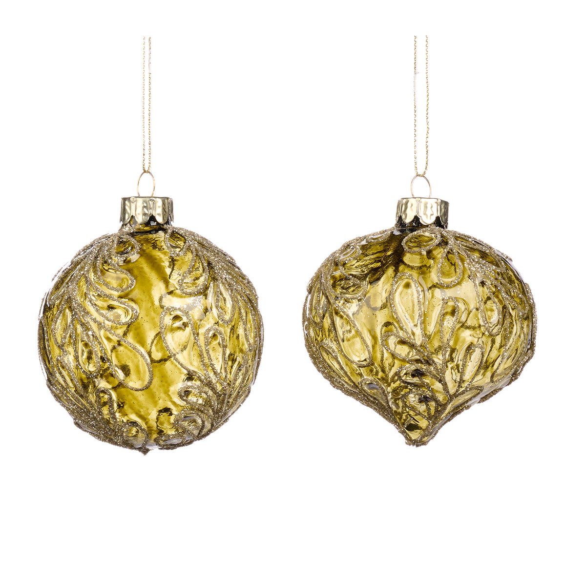 Set 2 globuri din sticlă 3D cu frunze, rotund și în formă de ceapă, verde, 8 cm