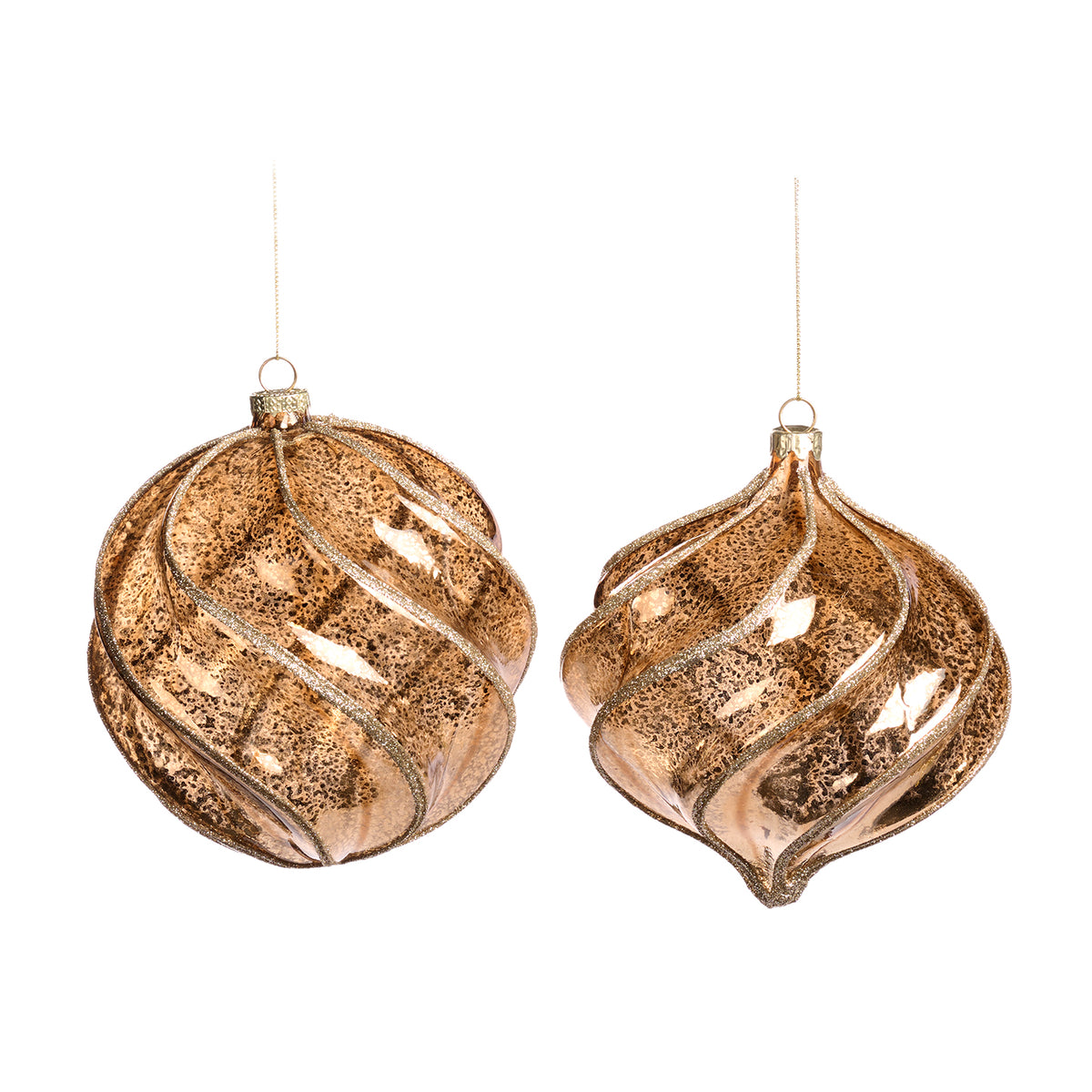 Set 2 globuri din sticlă 3D cu model spiralat, maro, 15 cm