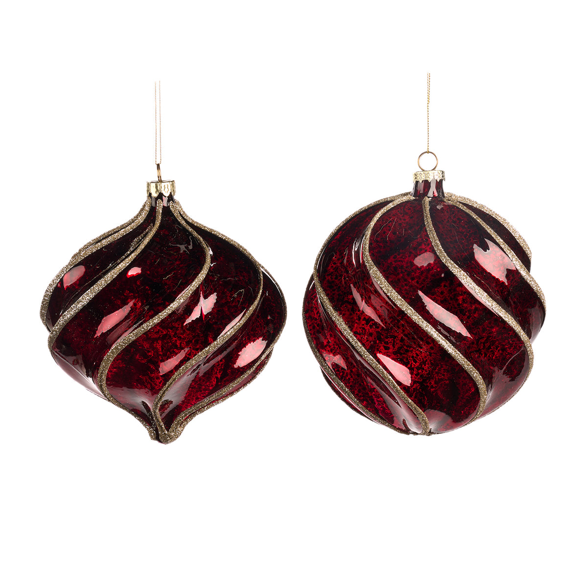 Set 2 globuri din sticlă 3D în formă de ceapă, cu model în spirală, burgund, 15 cm