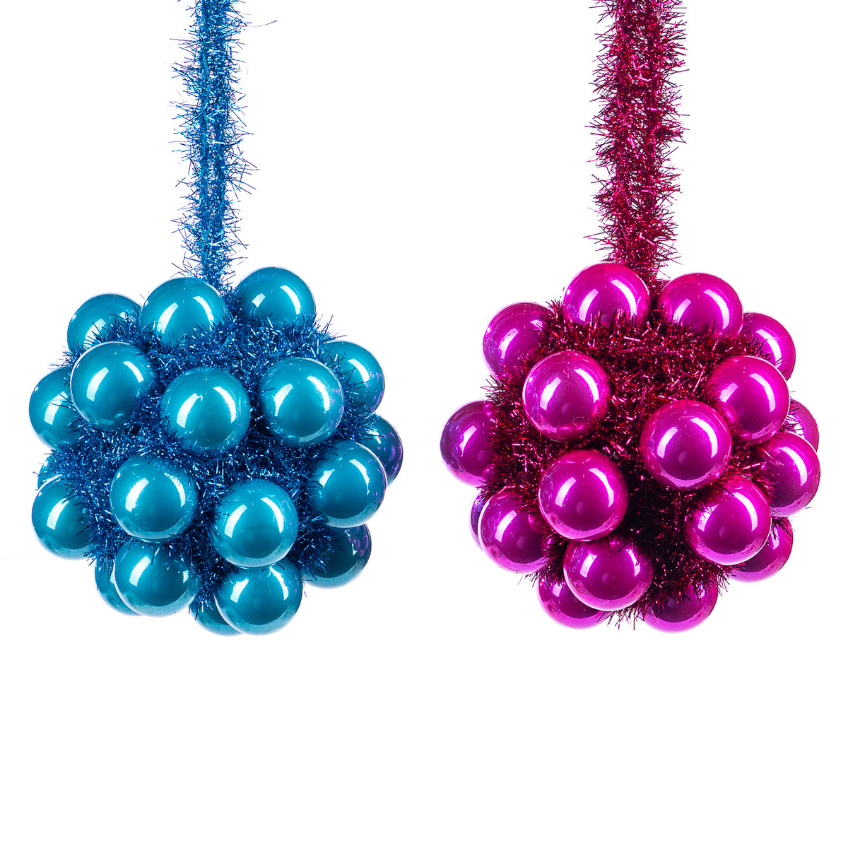 Set 2 globuri din sticlă cu ciorchine de bile și beteală, albastru/roz, 11 cm