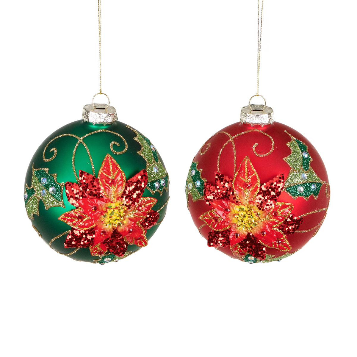 Set 2 globuri din sticlă cu crăciuniță 3D, roșu/verde, 10 cm
