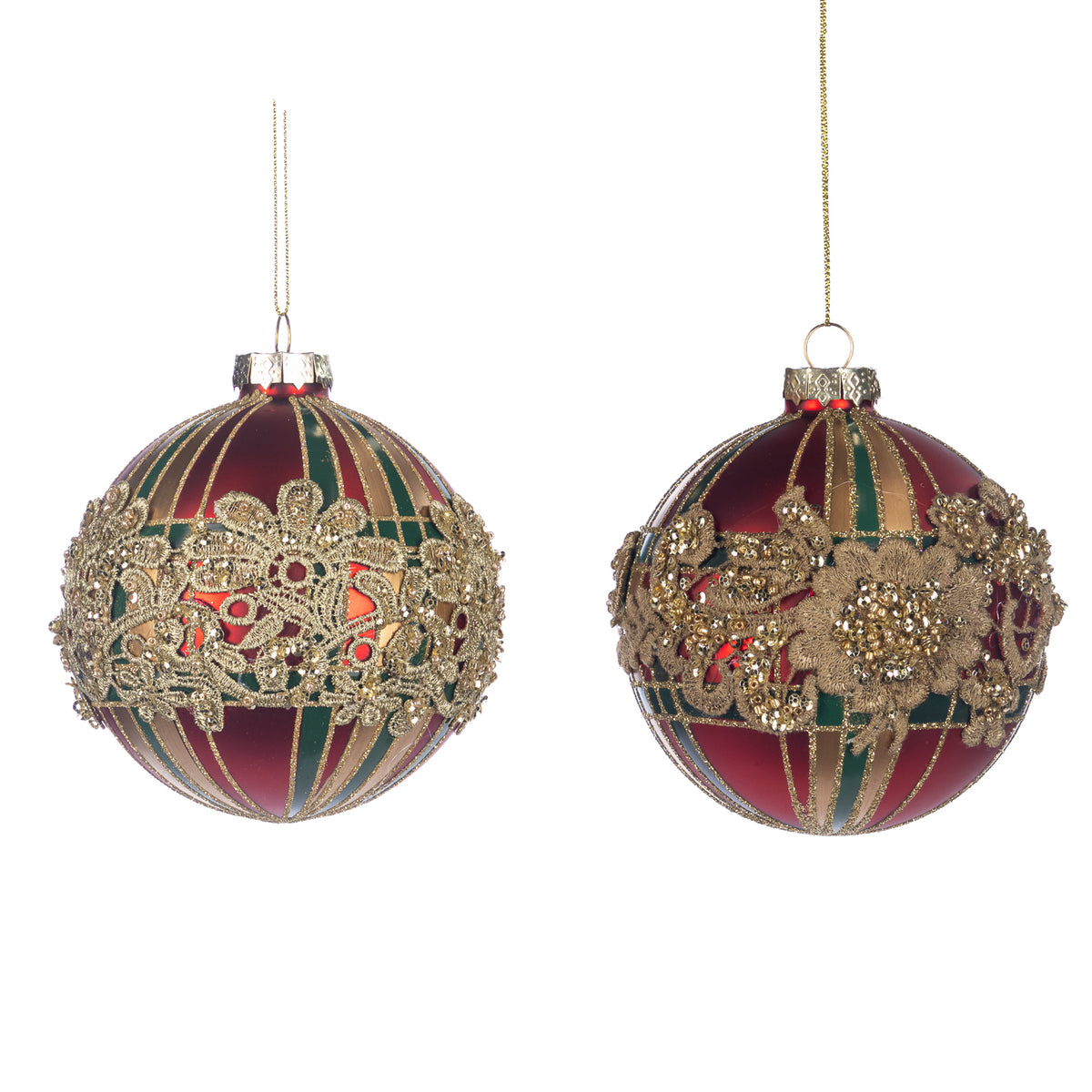 Set 2 globuri din sticlă cu dantelă și model tartan, roșu/verde/auriu, 10 cm