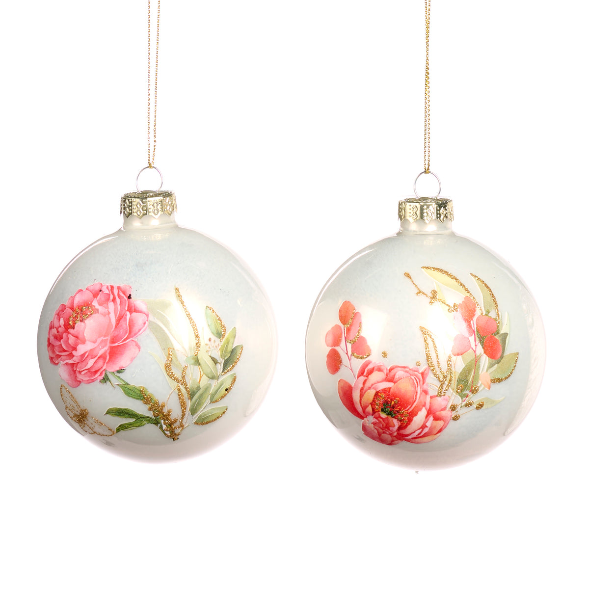 Set 2 globuri din sticlă cu flori, alb/roz, 8 cm