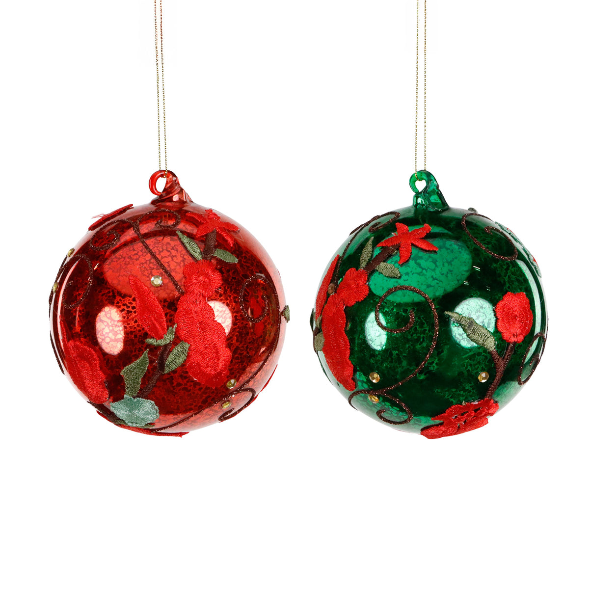 Set 2 globuri din sticlă cu flori brodate, roșu/verde, 10 cm