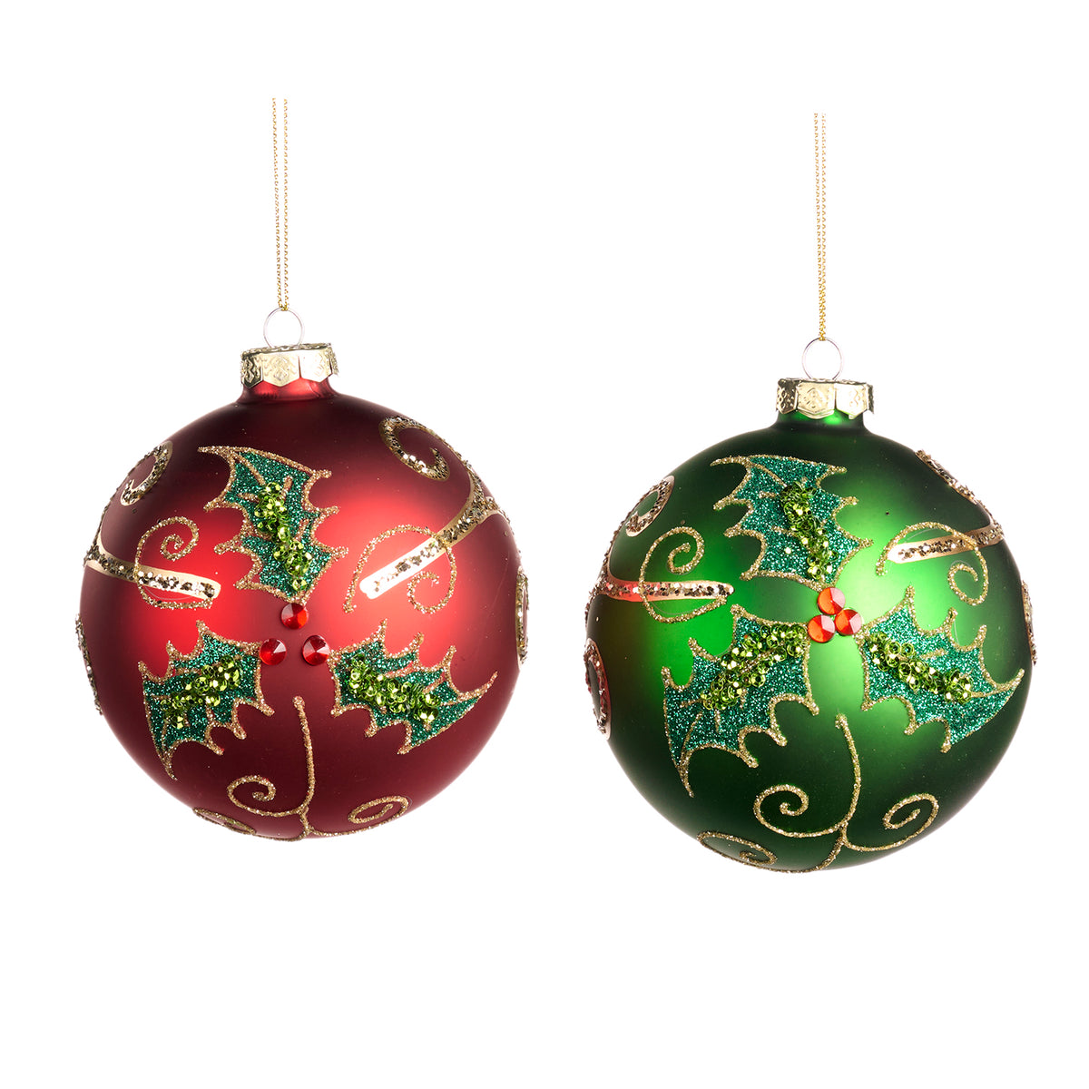 Set 2 globuri din sticlă cu paiete, pietre și ilice cu bobițe, roșu/verde, 10 cm