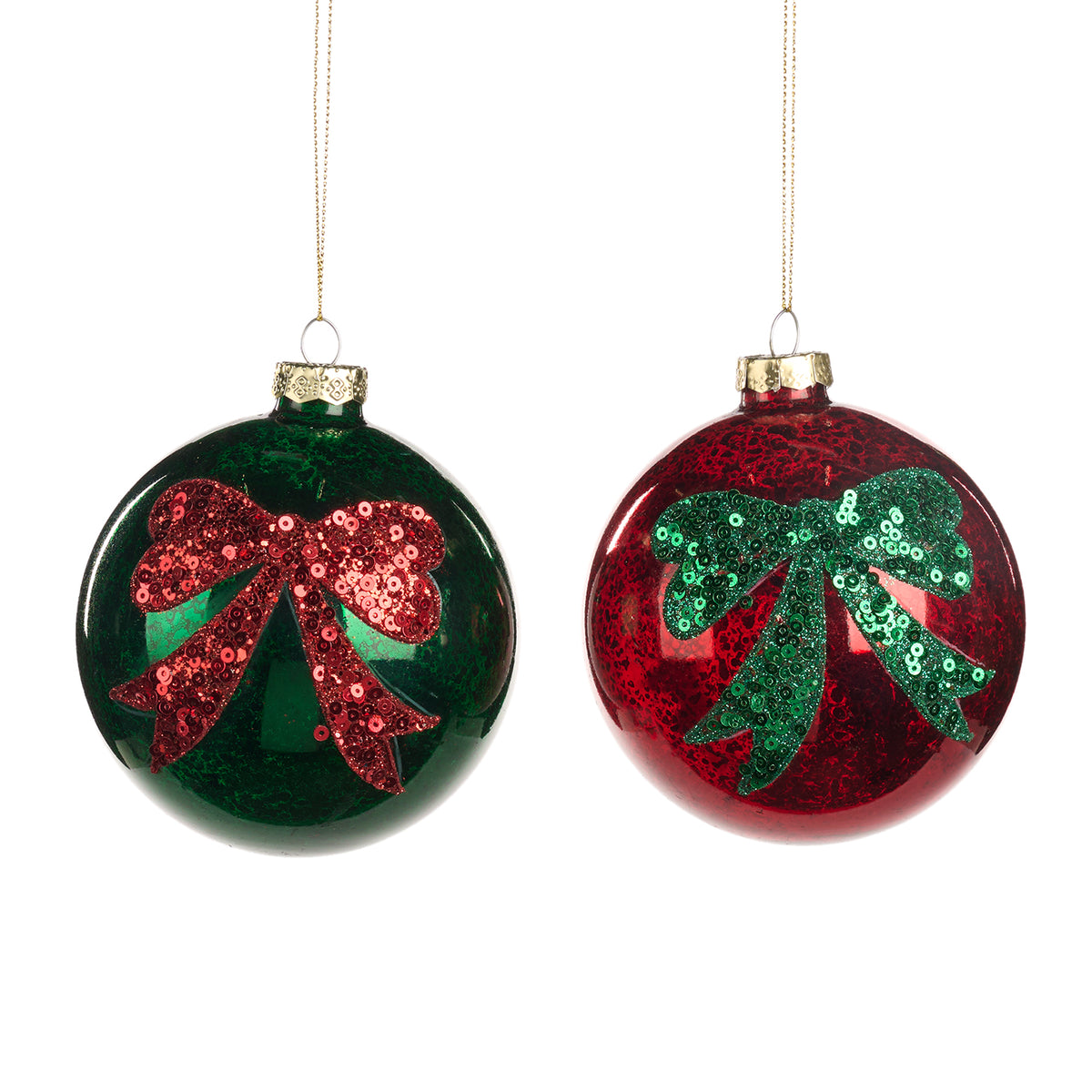 Set 2 globuri din sticlă cu paiete, sclipici și fundă, verde/roșu, 10 cm
