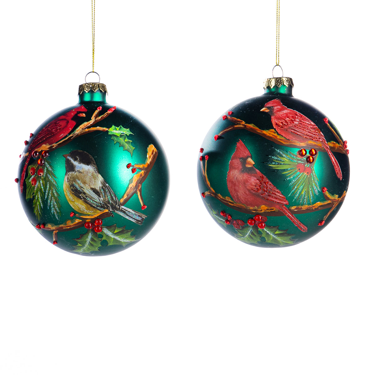Set 2 globuri din sticlă cu pasăre cardinal, verde/roșu, 12 cm