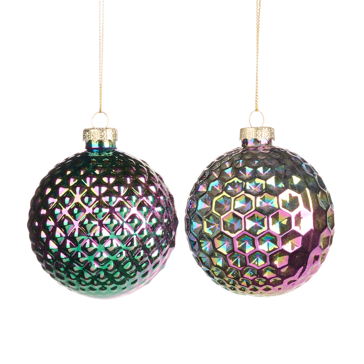 Set 2 globuri din sticlă cu plasă și model fagure, efect de ulei, multicolor, 8 cm
