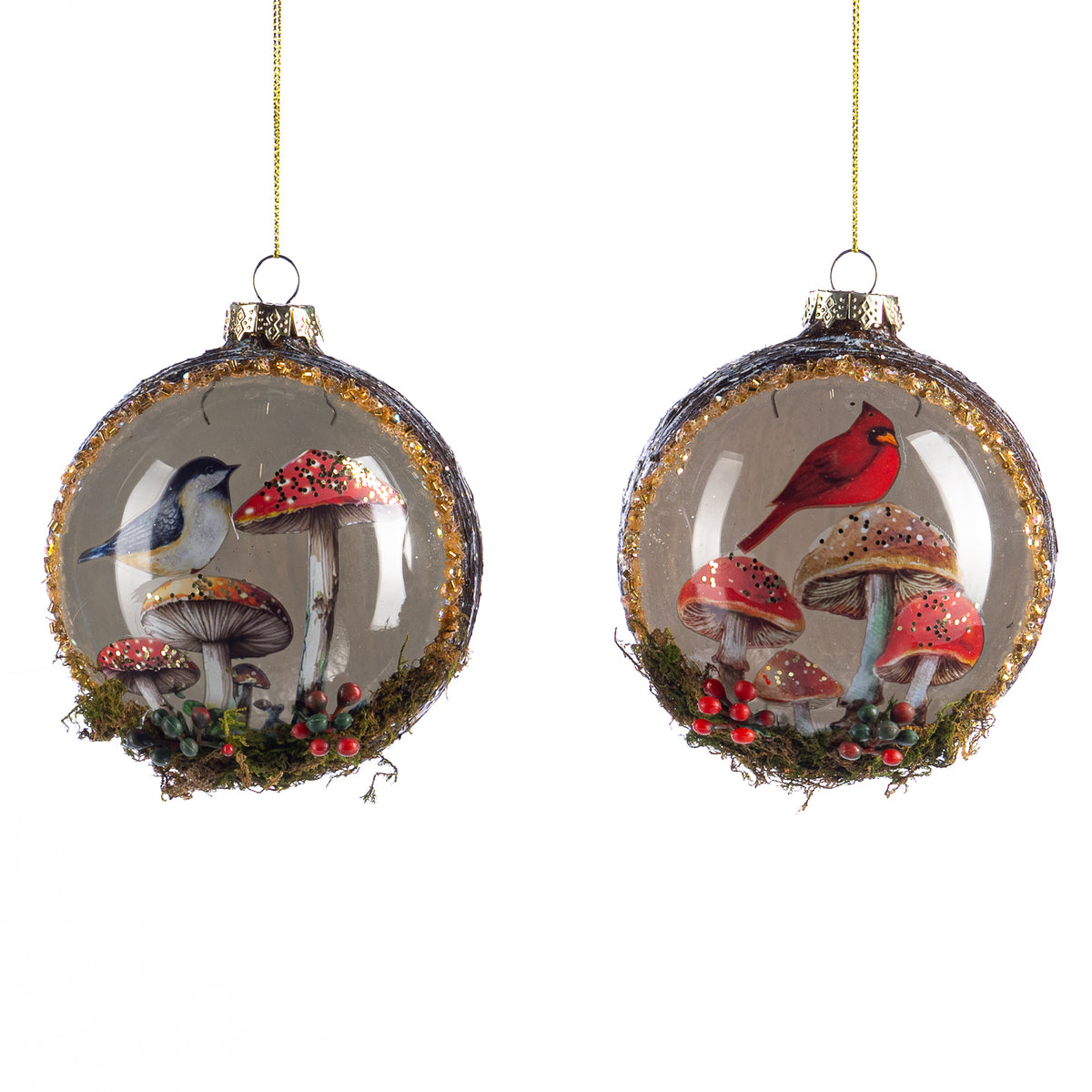 Set 2 globuri din sticlă cu scenă cu pasăre sau ciupercă, roșu/maro, 10 cm