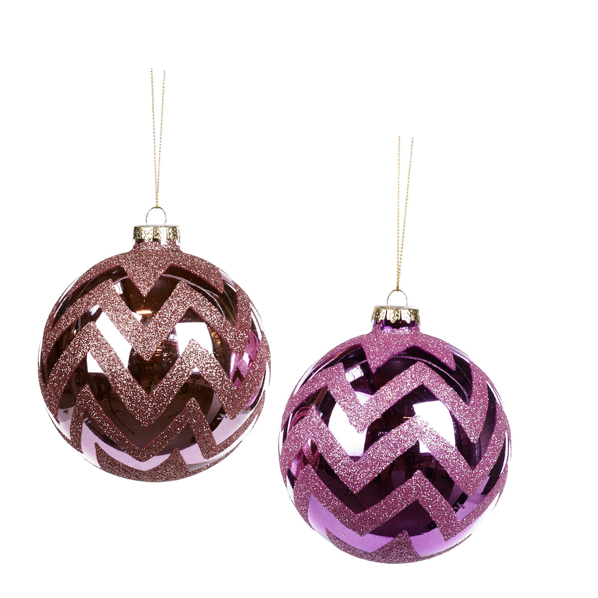 Set 2 globuri din sticlă cu sclipici și model zigzag, roz/mov, 10 cm