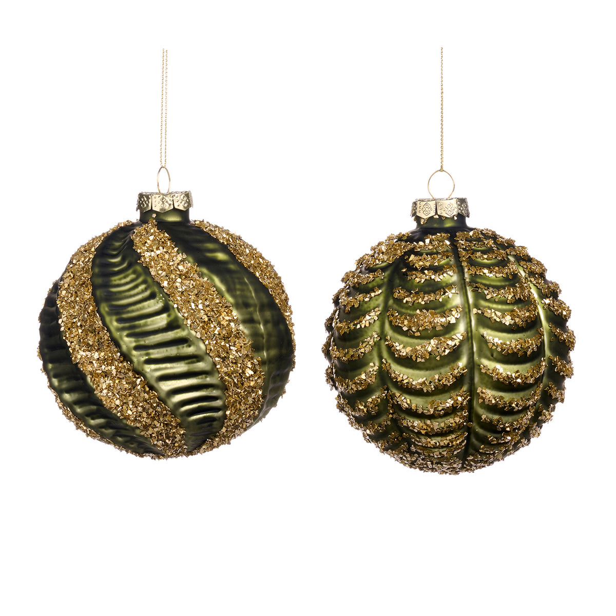 Set 2 globuri din sticlă cu sclipici, spirale și model drapat, verde/auriu, 10 cm