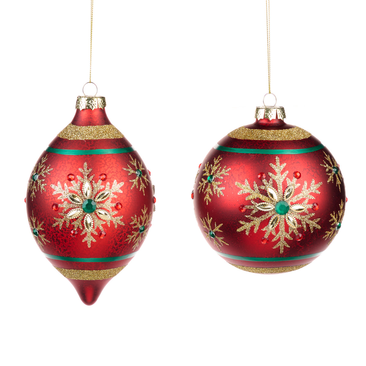 Set 2 globuri din sticlă în formă de ceapă, cu fulgi de zăpadă și pietre, roșu/auriu, 12 cm