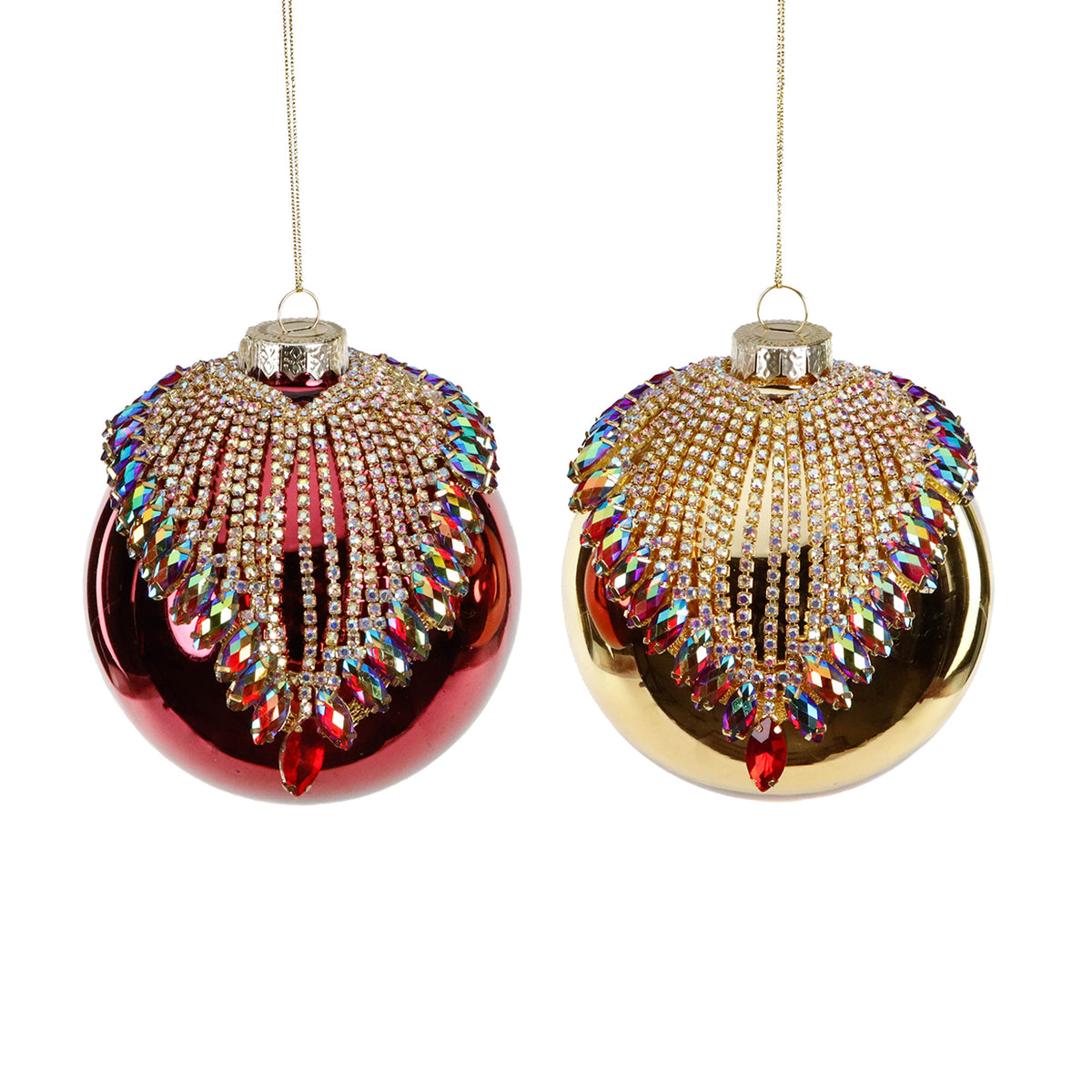 Set 2 globuri din sticlă irizată cu pietre, auriu/roșu/multicolor, 10 cm