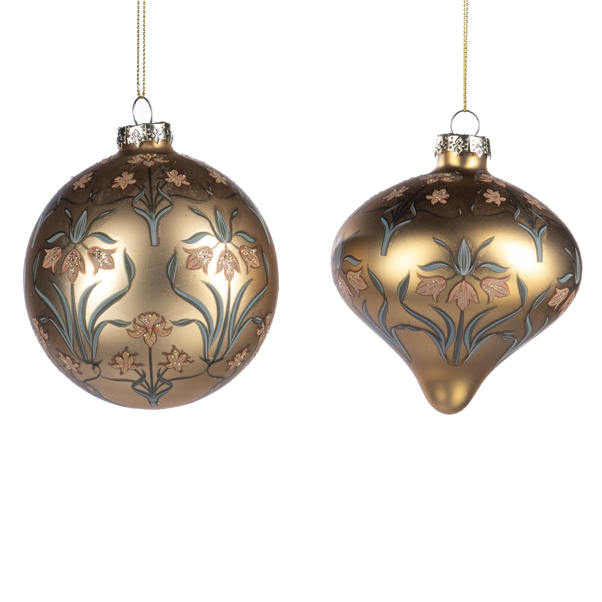 Set 2 globuri din sticlă, rotund și în formă de ceapă, cu motiv floral Art Nouveau, auriu, 11,5 cm