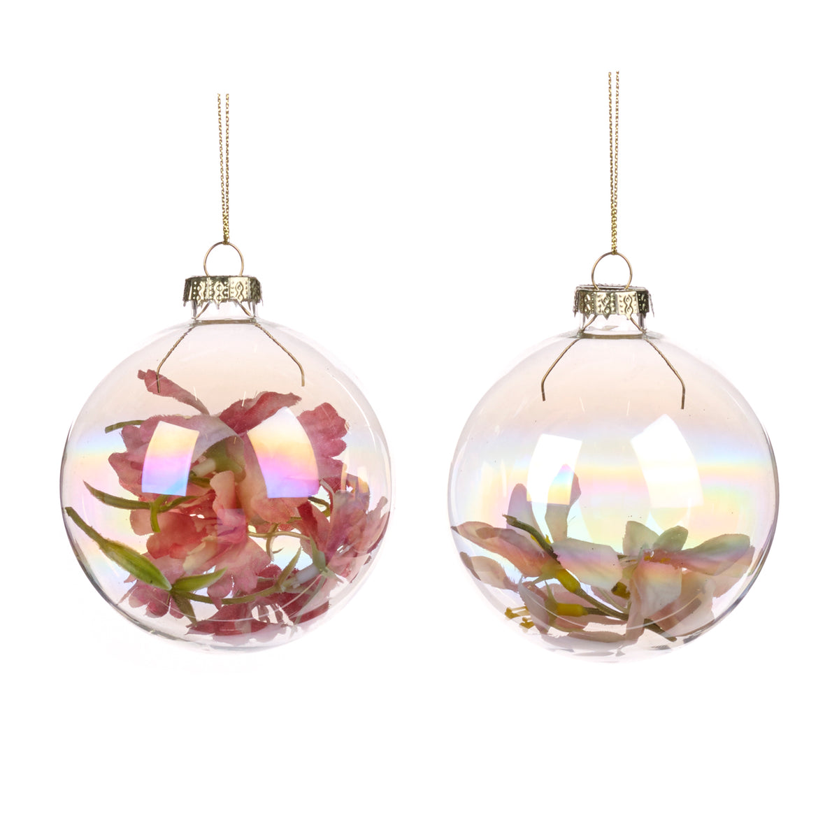 Set 2 globuri din sticlă umplute cu flori, transparent/roz, 8 cm