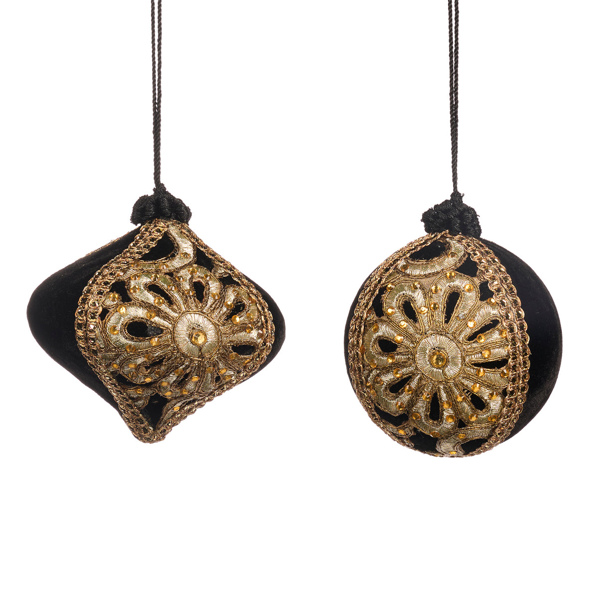 Set 2 globuri din textil cu floare și pietre, în formă de glob și de ceapă, negru/auriu, 10 cm
