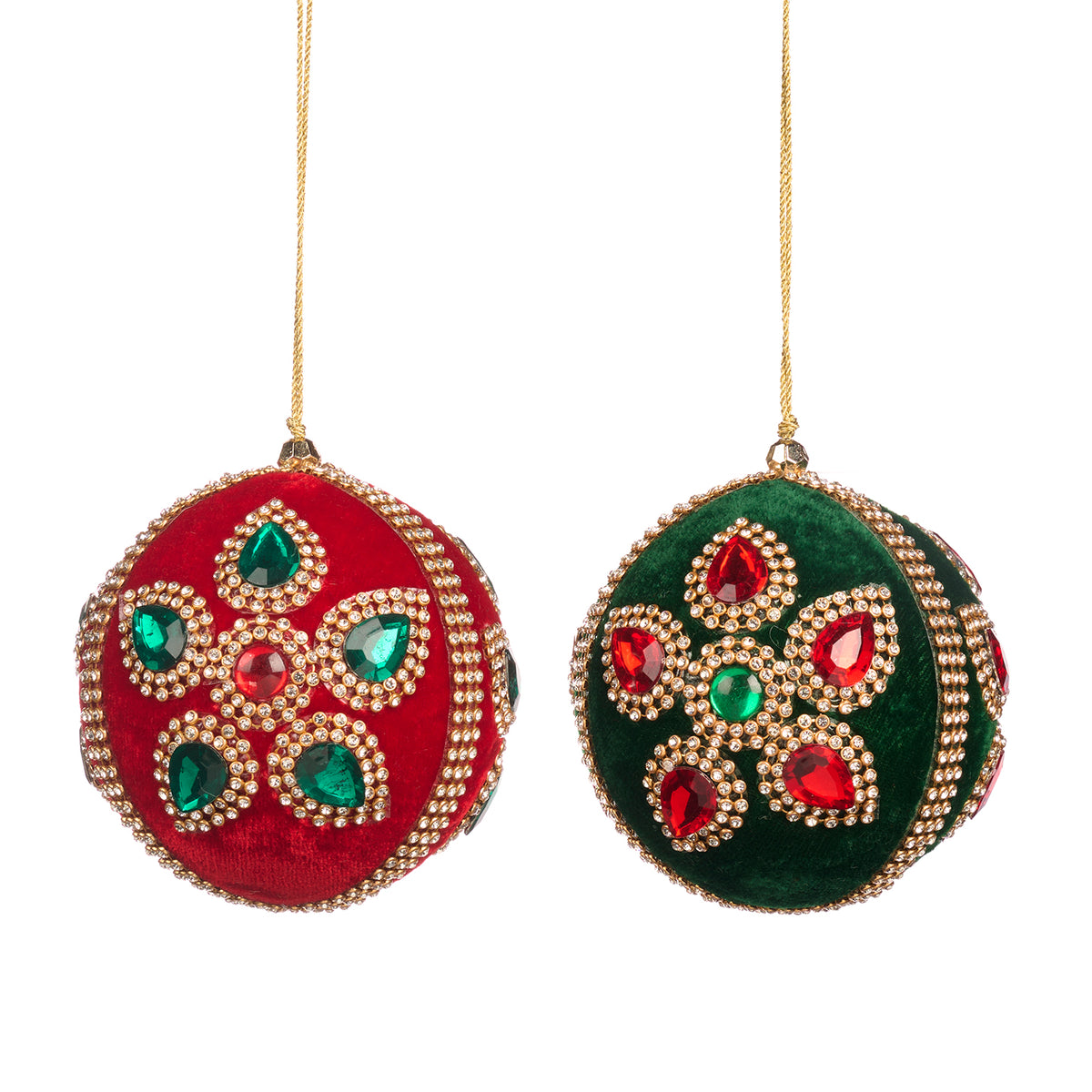 Set 2 globuri din textil cu floare și pietre, roșu/verde, 10 cm