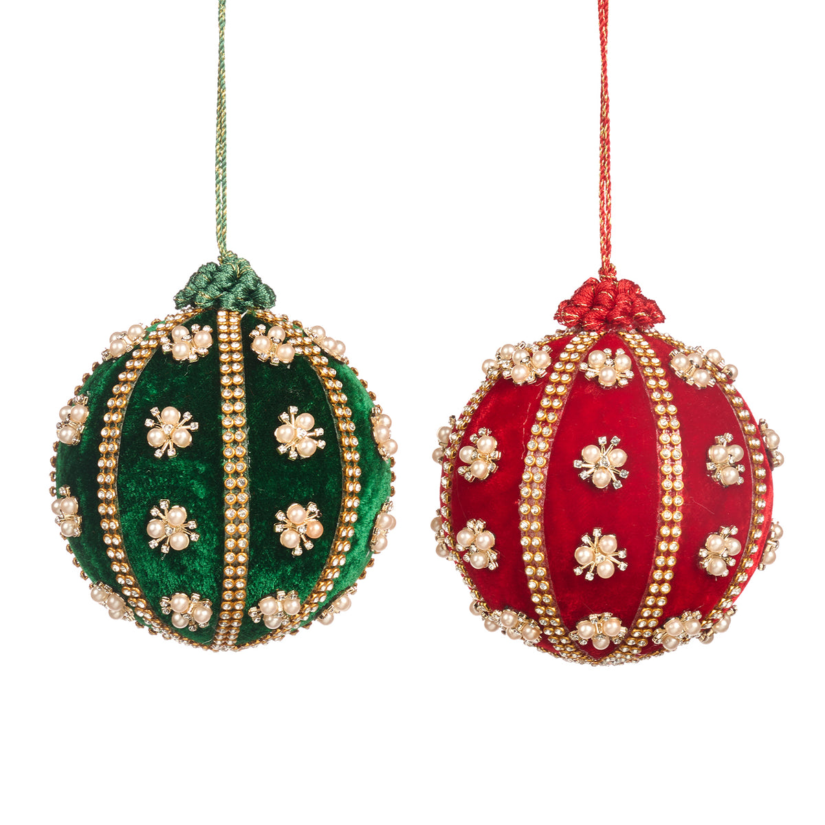 Set 2 globuri din textil cu perle, verde/roșu, 10 cm
