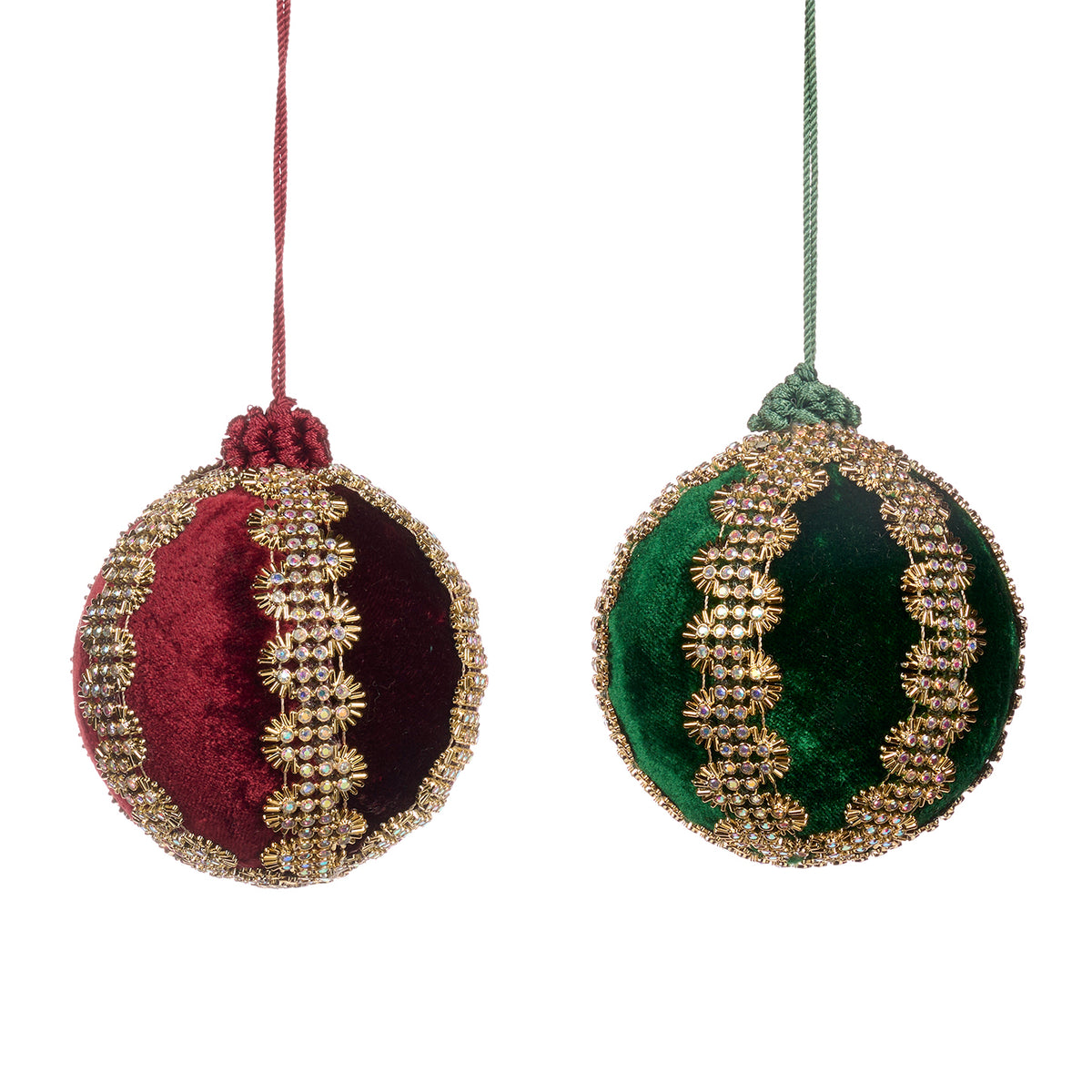Set 2 globuri din textil cu pietre și bordură zigzag, burgund/verde, 10 cm