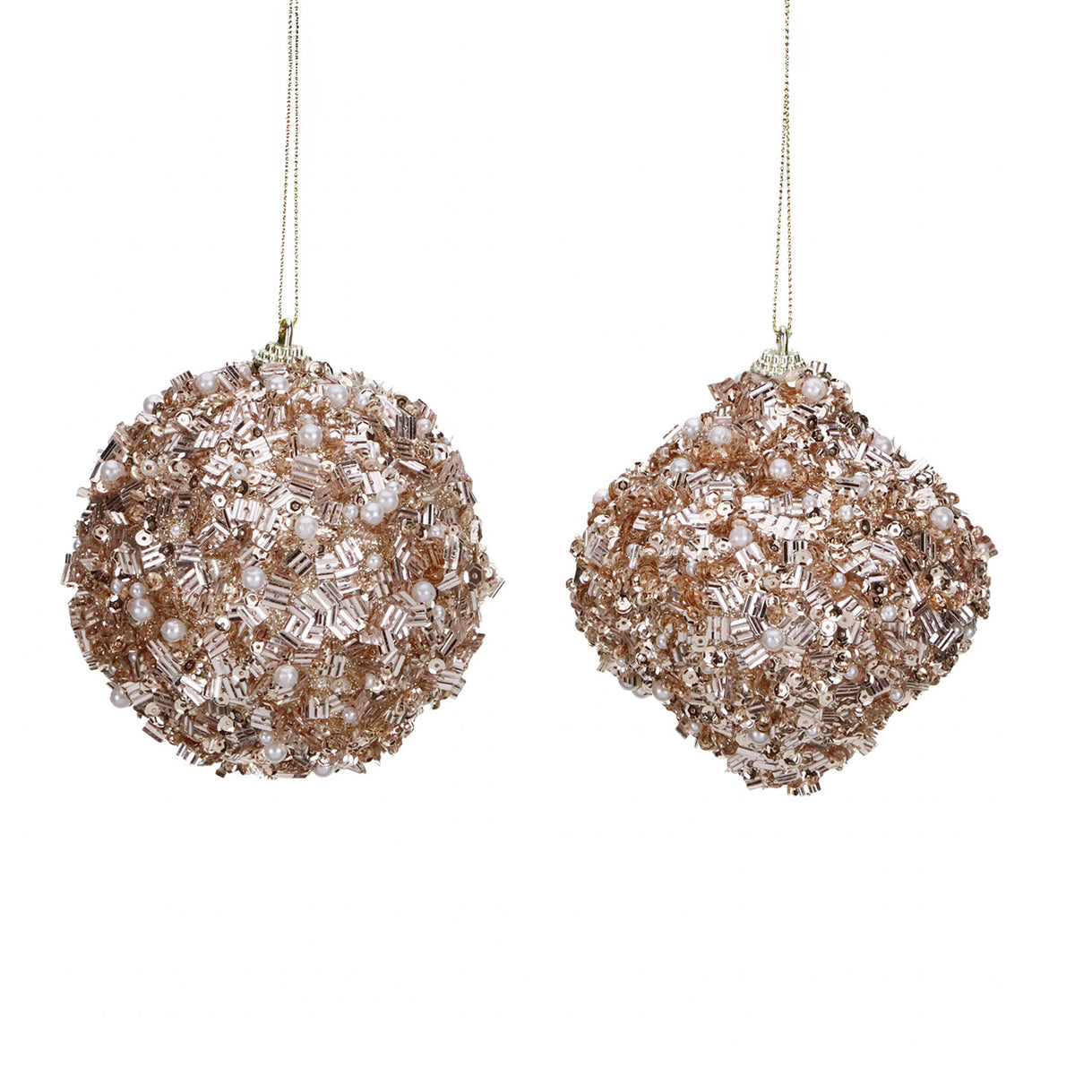 Set 2 globuri în formă de ceapă cu paiete și perle, șampanie, 10 cm