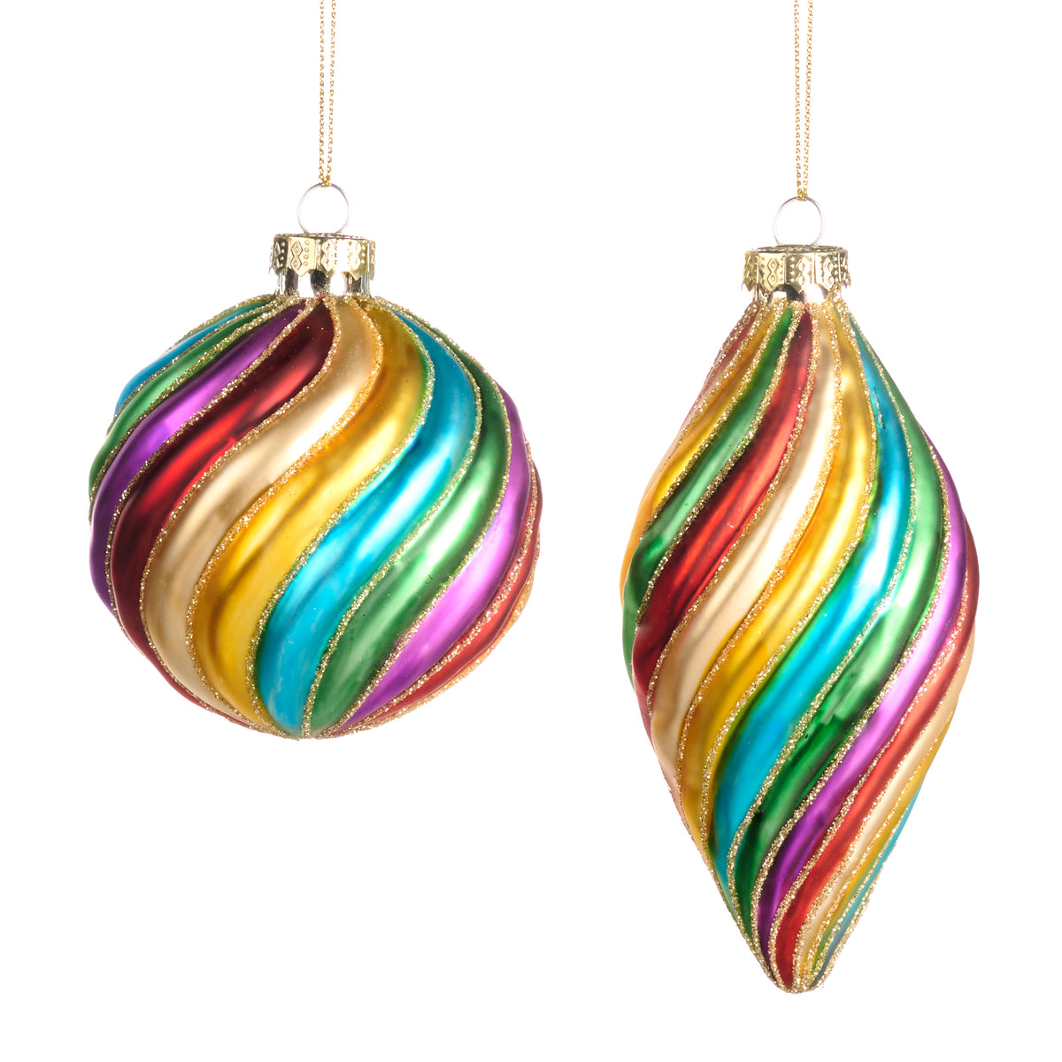 Set 2 globuri și ornamente alungite 3D din sticlă, spirală curcubeu, multicolor, 8 cm