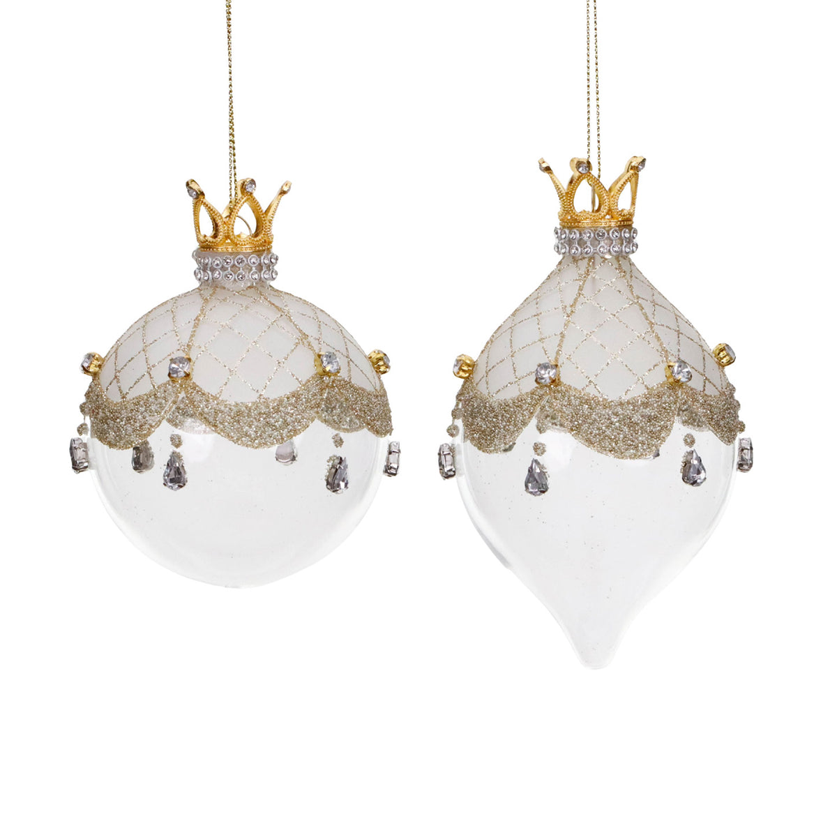 Set 2 globuri și ornamente alungite din sticlă cu coroană și pietre, alb/auriu, 14 cm