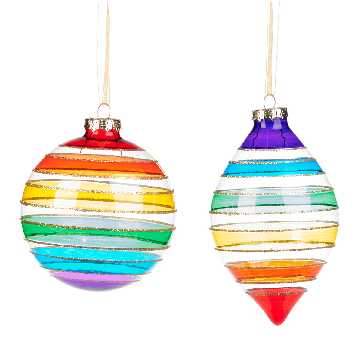 Set 2 globuri și ornamente alungite din sticlă, cu dungi curcubeu, multicolor, 12 cm