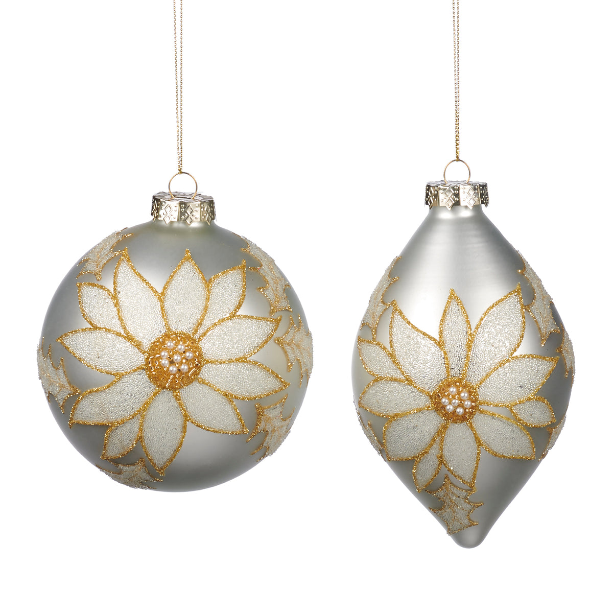 Set 2 globuri și ornamente alungite din sticlă cu flori din mărgele, crem/auriu, 11,5 cm