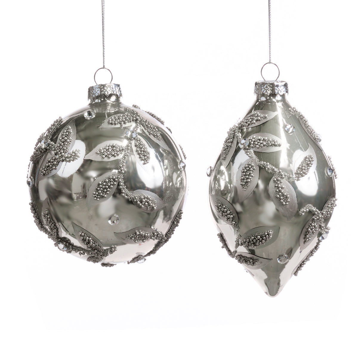 Set 2 globuri și ornamente alungite din sticlă cu mărgele, frunze și viță, argintiu, 11,5 cm