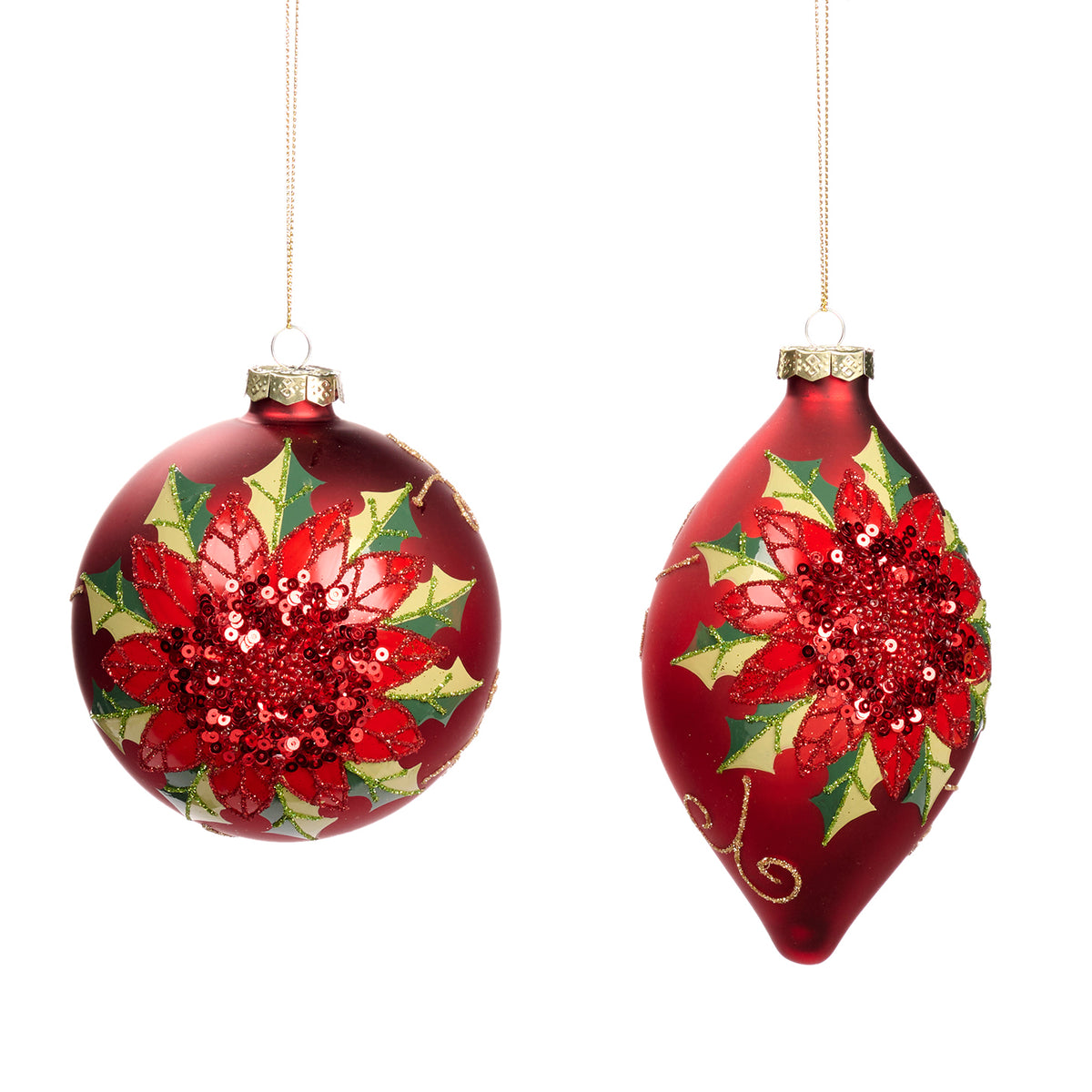 Set 2 globuri și ornamente alungite din sticlă cu paiete și crăciuniță, roșu, 10 cm