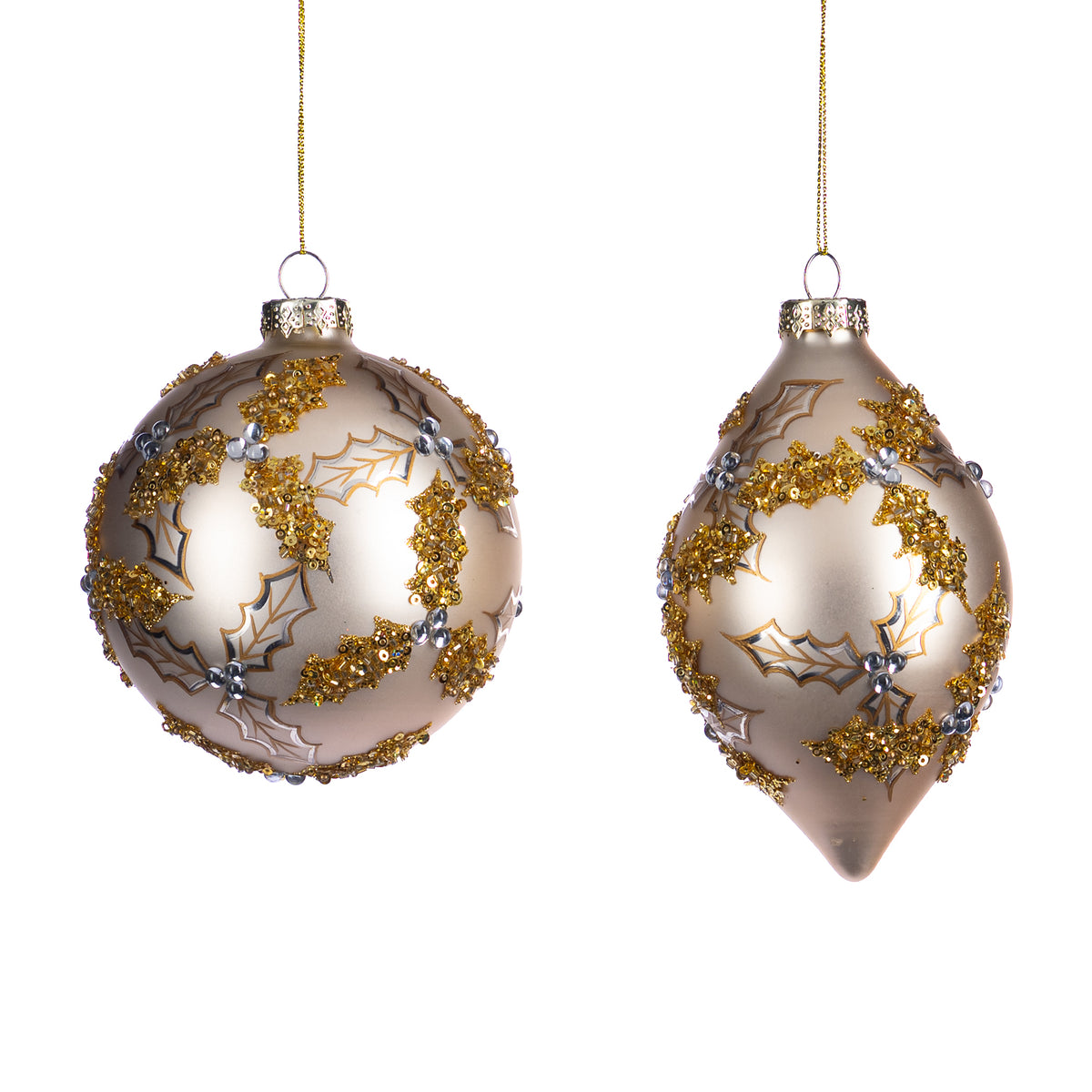 Set 2 globuri și ornamente alungite din sticlă cu paiete și ilice, crem/auriu, 11,5 cm