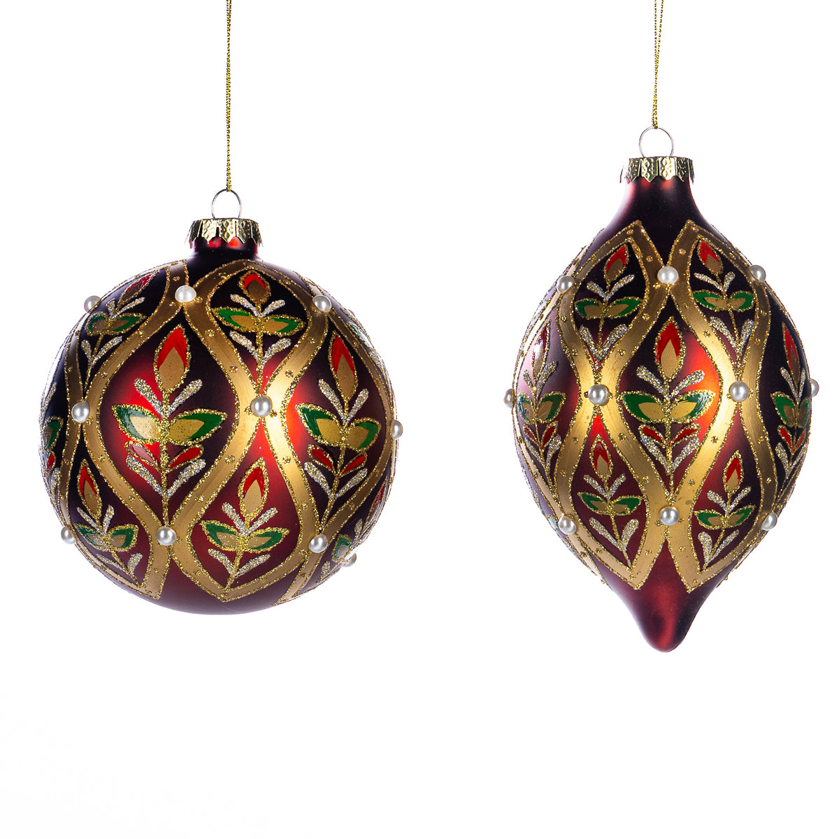 Set 2 globuri și ornamente alungite din sticlă cu plasă de perle, roșu/auriu, 12 cm