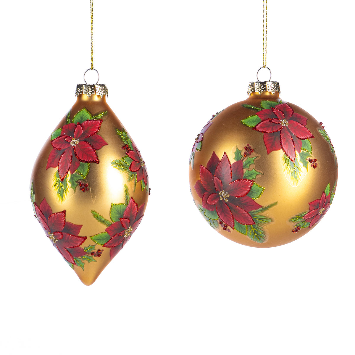 Set 2 globuri și ornamente alungite din sticlă cu sclipici și crăciuniță, auriu/roșu, 11,5 cm