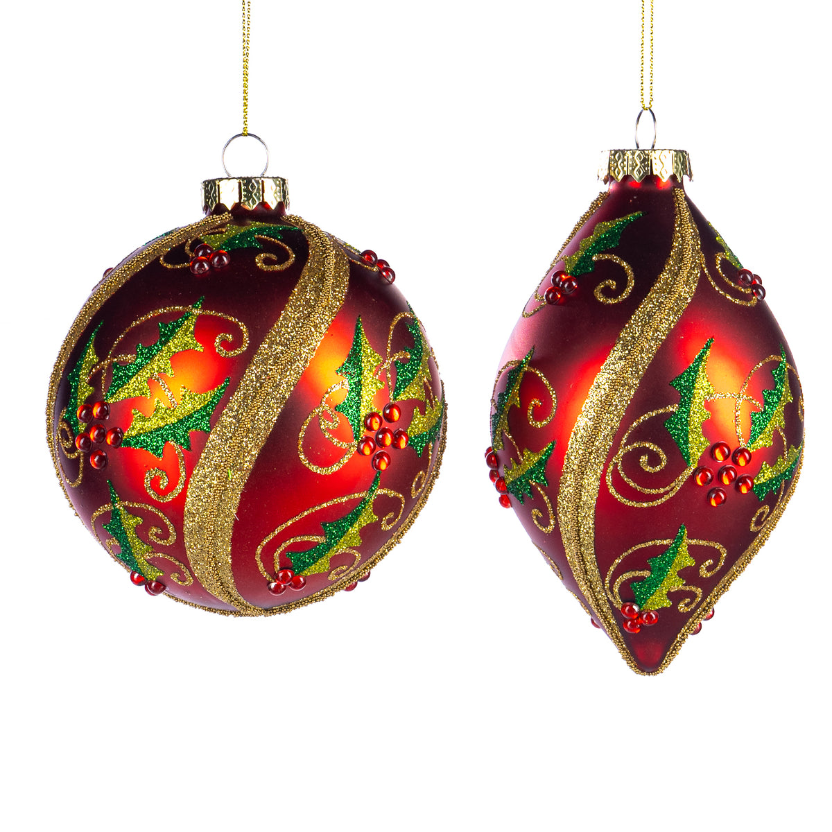 Set 2 globuri și ornamente alungite din sticlă cu sclipici și ilice, roșu/verde/auriu, 11,5 cm