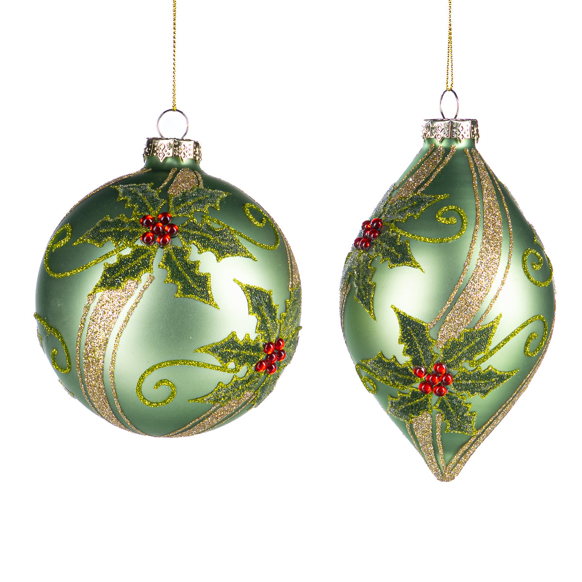 Set 2 globuri și ornamente alungite din sticlă cu sclipici și ilice, verde, 11,5 cm