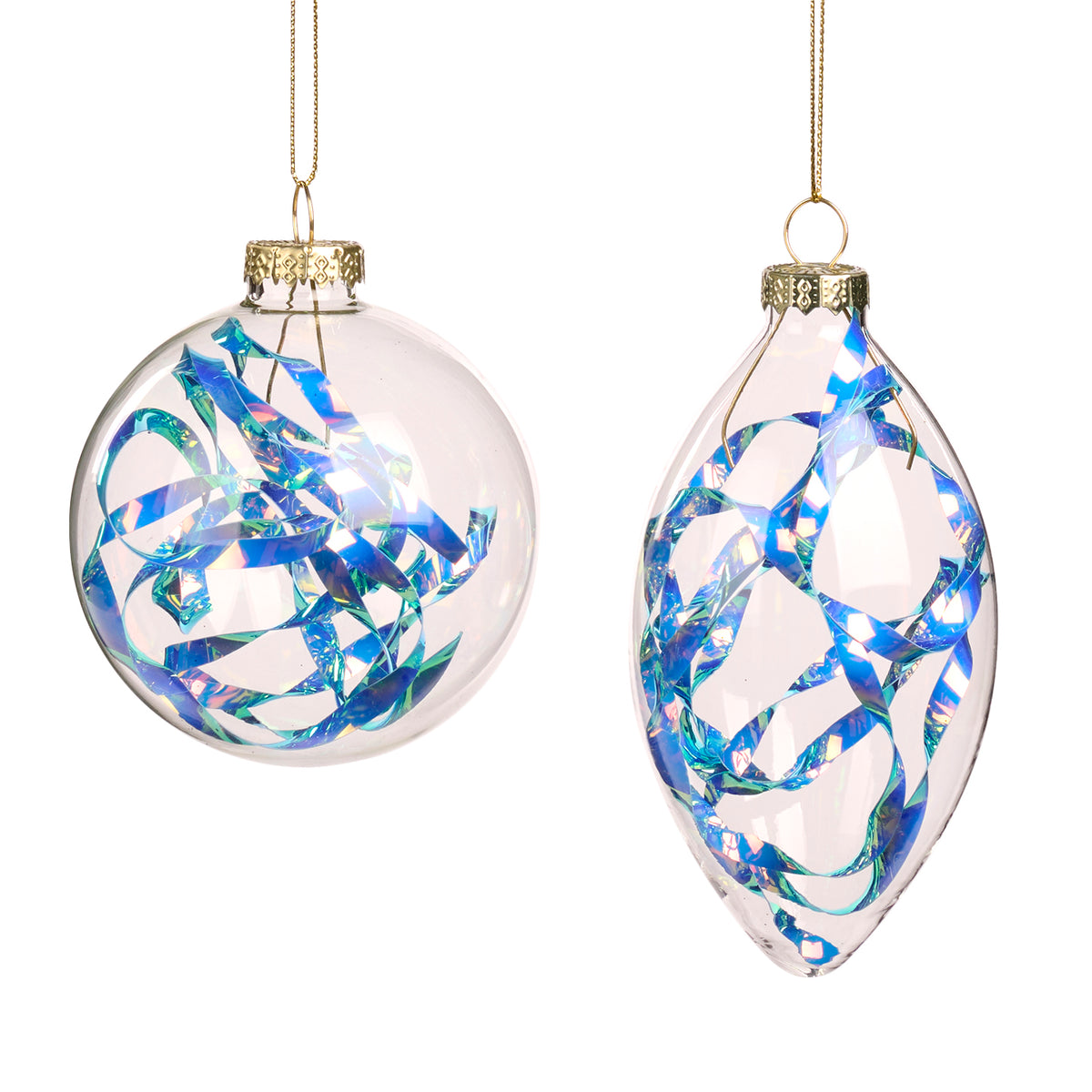 Set 2 globuri și ornamente alungite din sticlă irizată umplute cu folie, albastru/transparent, 8 cm