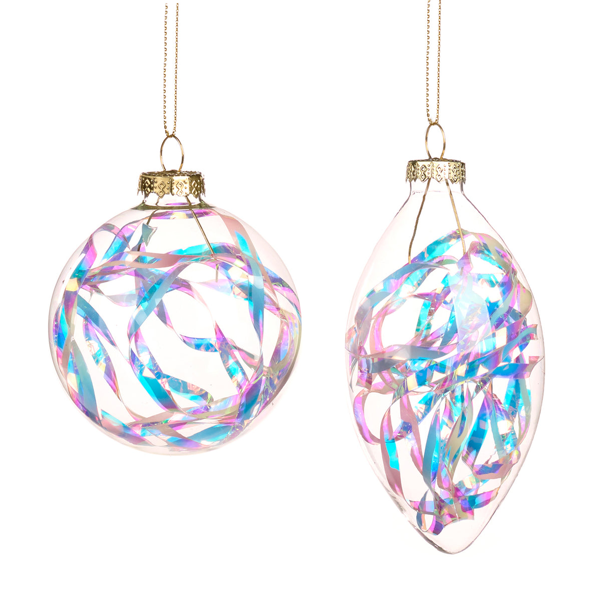 Set 2 globuri și ornamente alungite din sticlă irizată umplute cu folie, multicolor/transparent, 8 cm