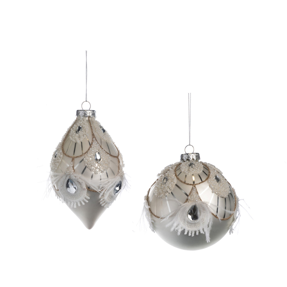 Set 2 globuri și ornamente alungite din sticlă și pene, alb, 12,5 cm