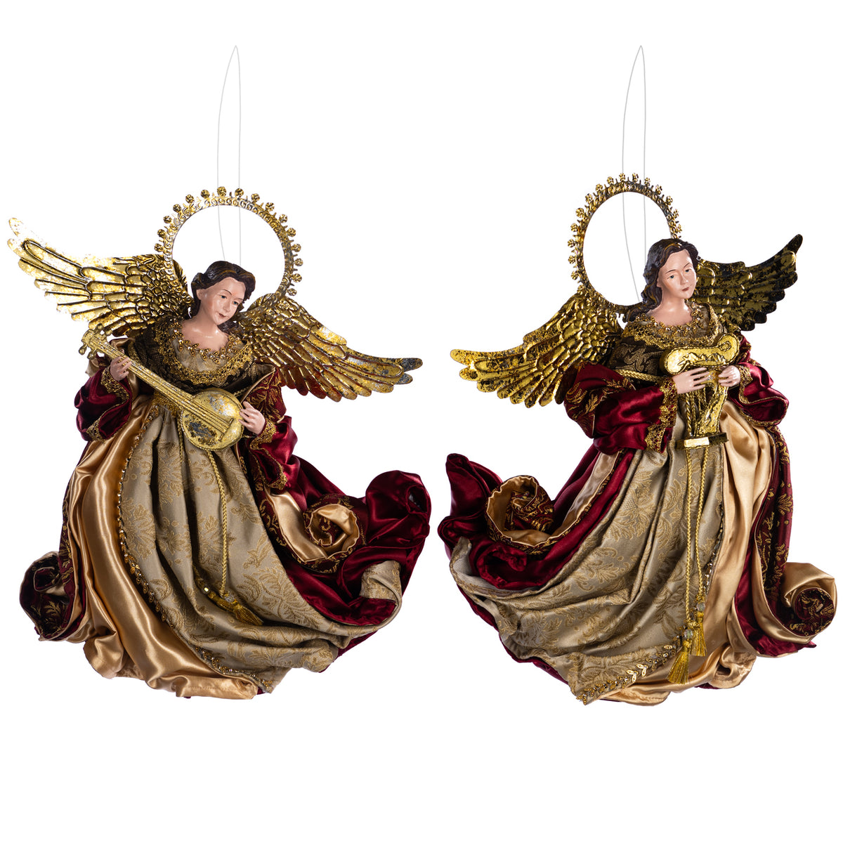 Set 2 îngeri zburători muzicali din textil și metal, auriu/burgund, 40 cm