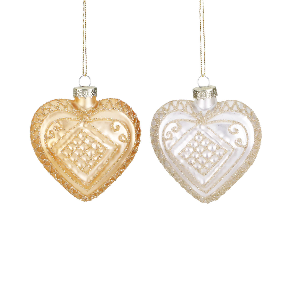 Set 2 inimi din sticlă cu sclipici și plasă, auriu/crem, 8,5 cm