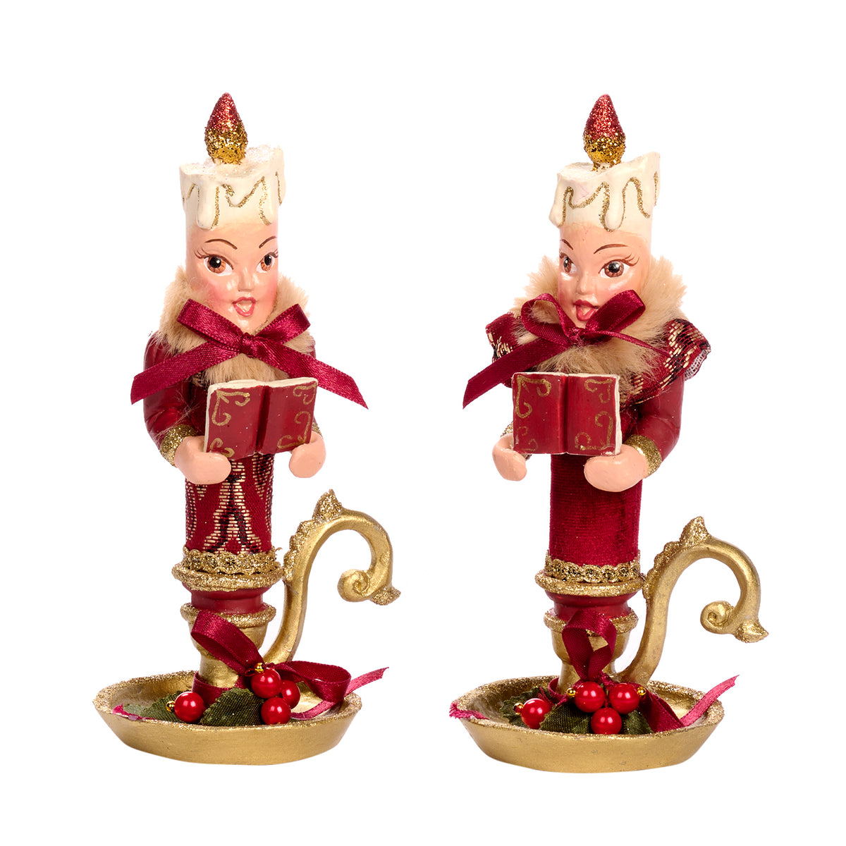 Set 2 lumânări decorative cu tematică de colind, burgund, 18 cm