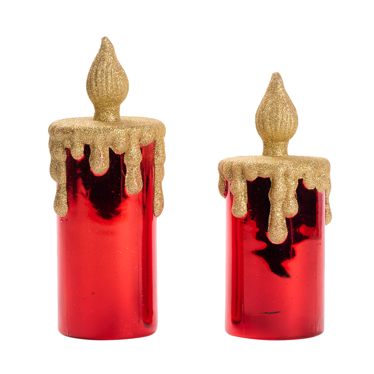 Set 2 lumânări decorative din sticlă cu sclipici, roșu/auriu, 22/25 cm