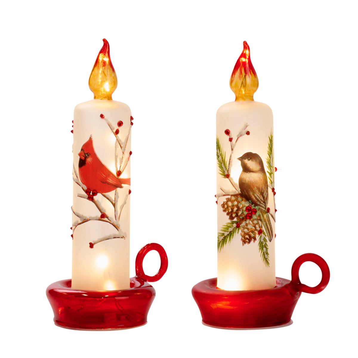 Set 2 lumânări LED din sticlă cu pasăre, roșu/alb, 21,5 cm
