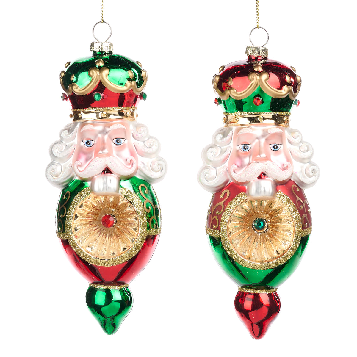 Set 2 ornamente alungite cu spărgător de nuci, din sticlă reflectorizant, roșu/verde, 18 cm