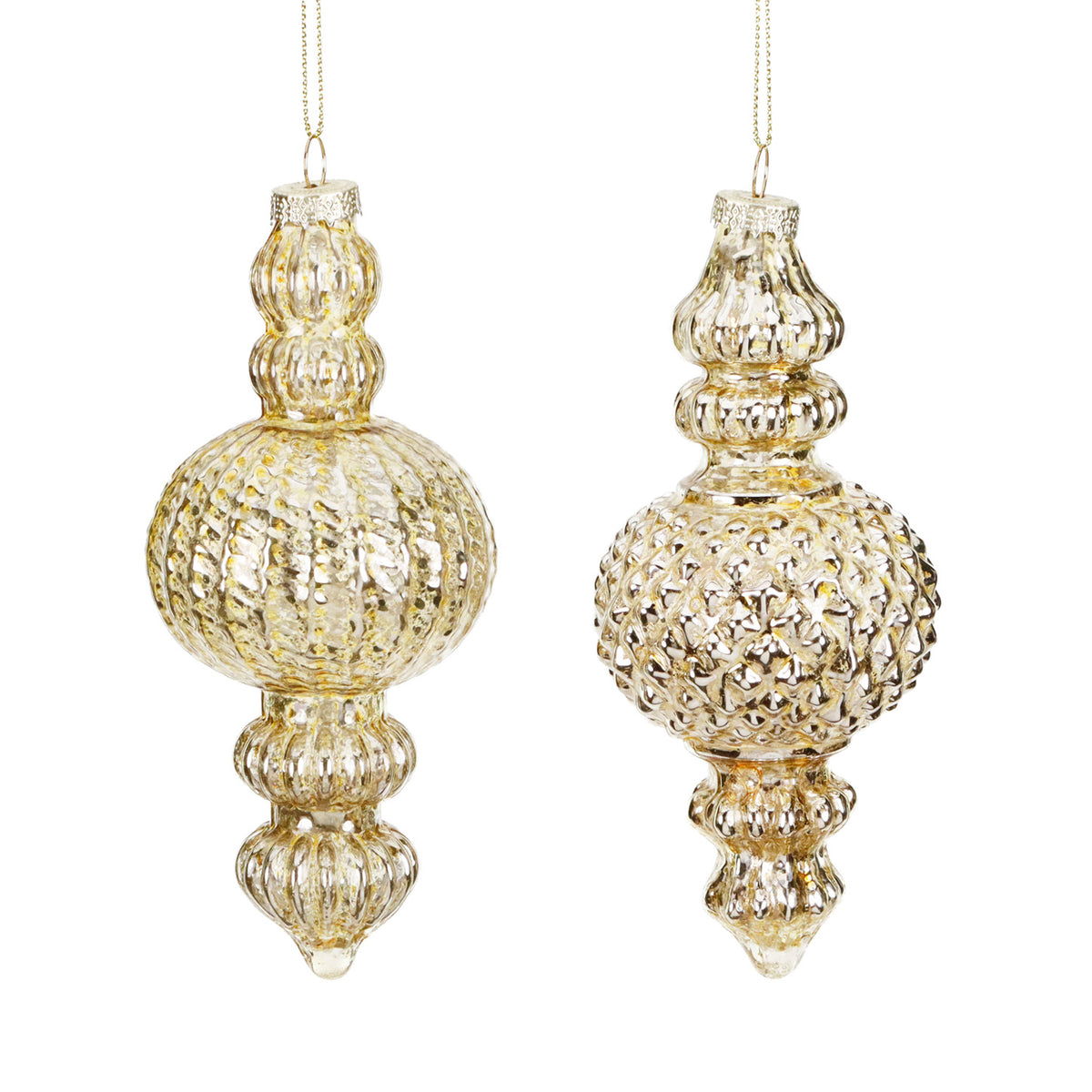 Set 2 ornamente alungite din sticlă 3D, cu plasă și striuri, auriu, 16 cm