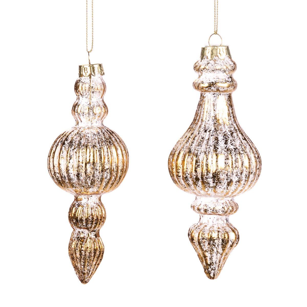 Set 2 ornamente alungite din sticlă 3D striate, auriu/transparent, 16 cm
